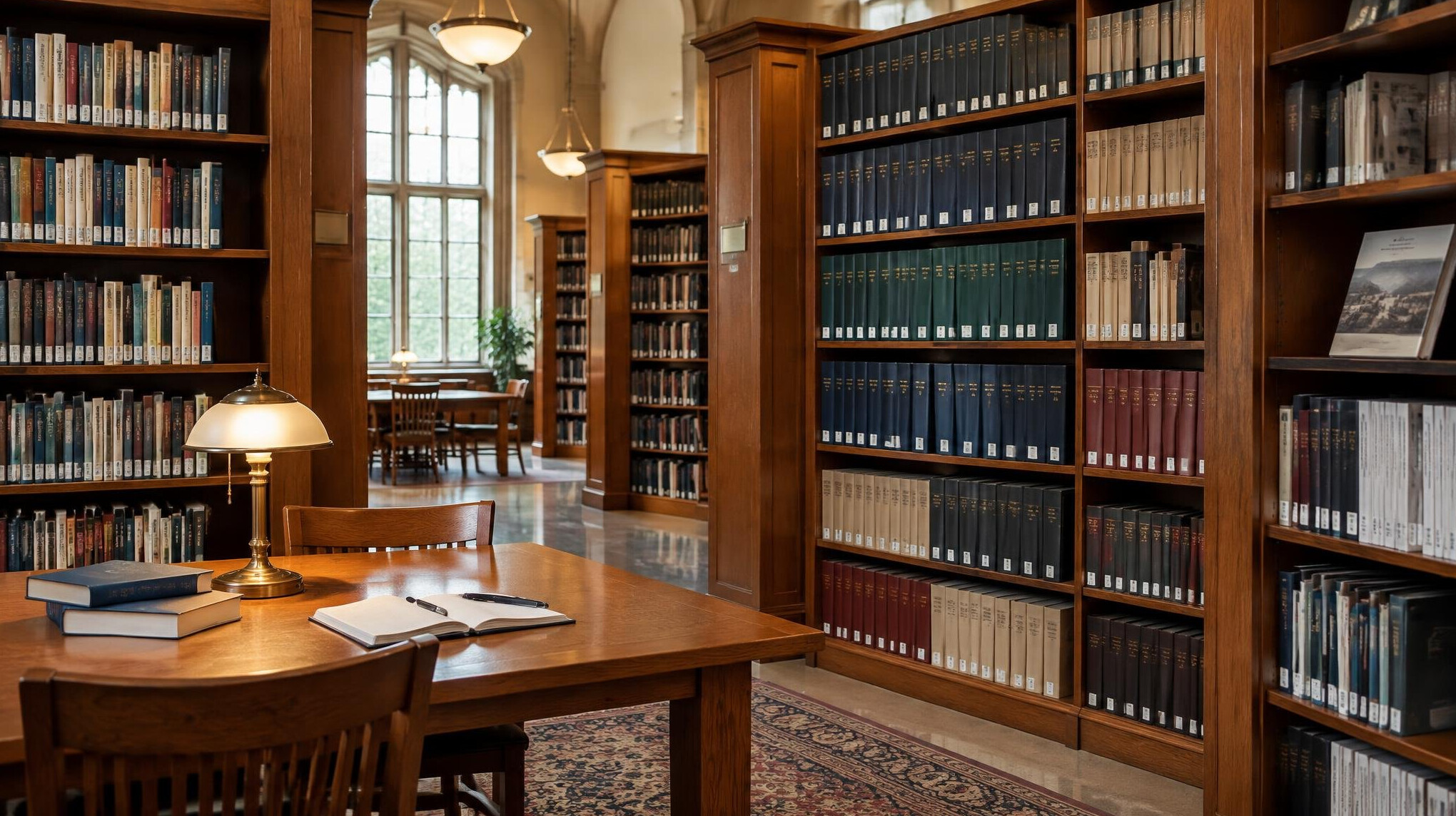 Shelves of books and research materials in an institute library