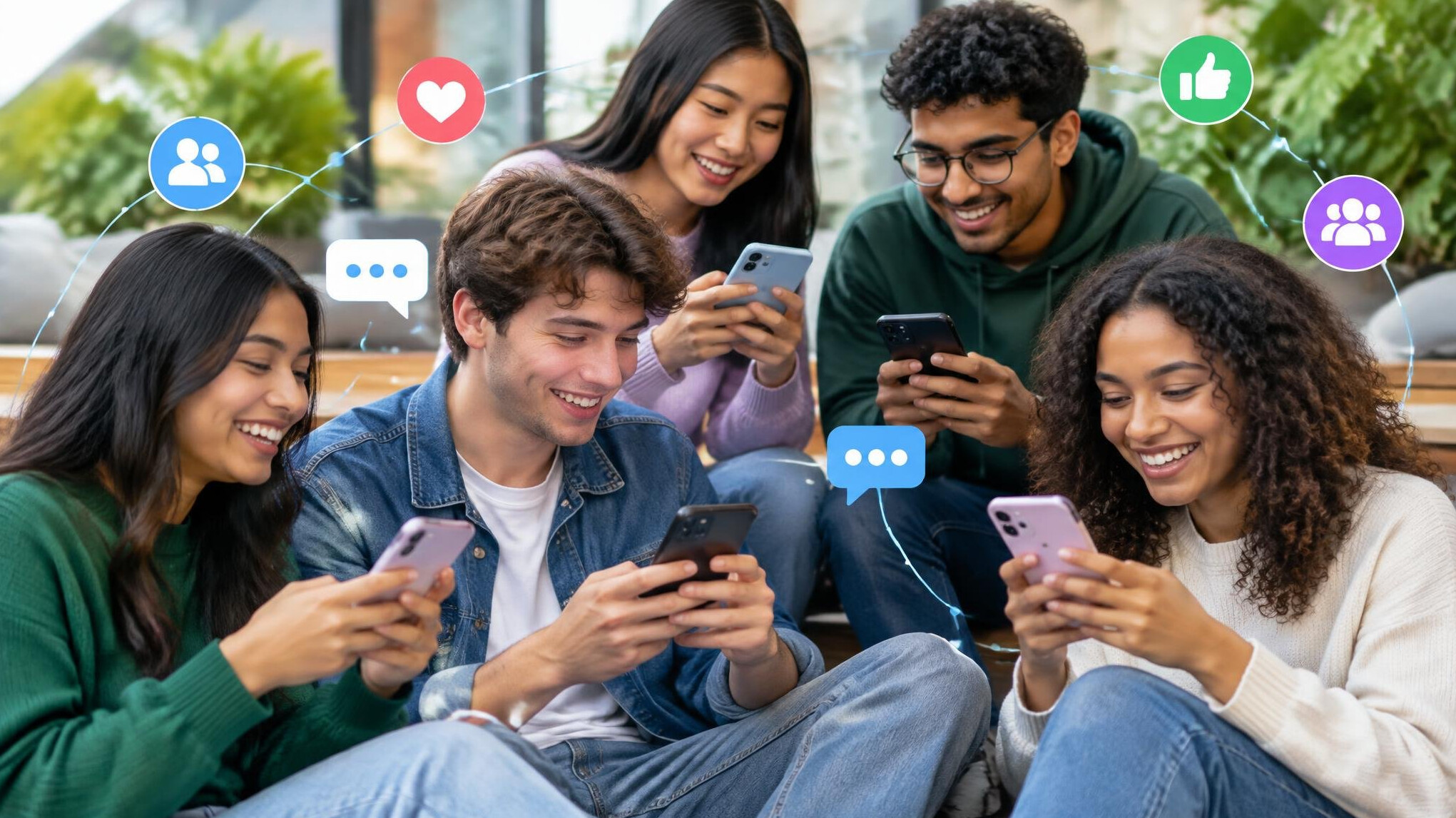 friends using smartphones together