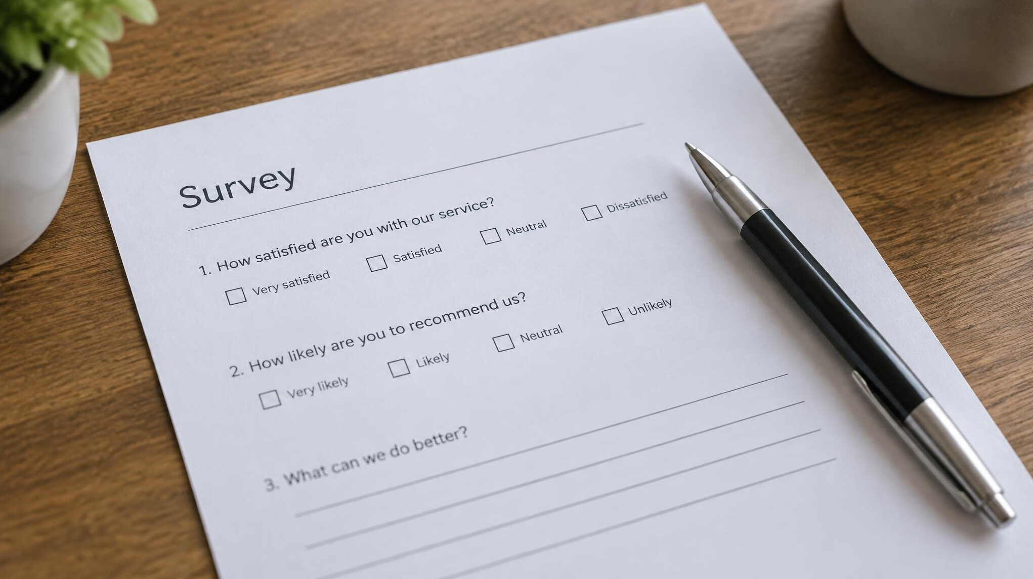 Close-up of a printed survey questionnaire and pen